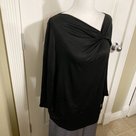 ANNE KLEIN Black asymmetrical v-neck 3/4th sleeve top ~ MEDIUM LARGE XL shirt - Picture 5 of 14